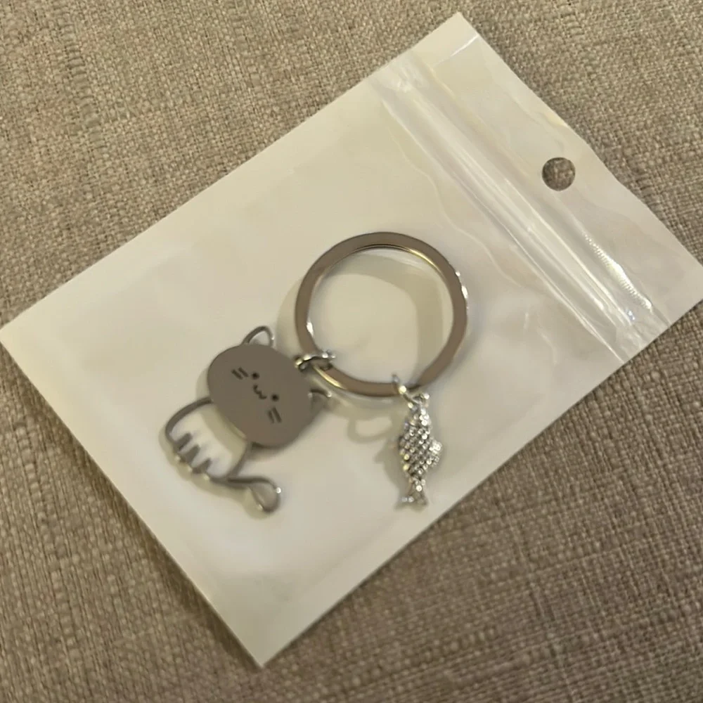 Silver Cat Keychain with Fish Charm